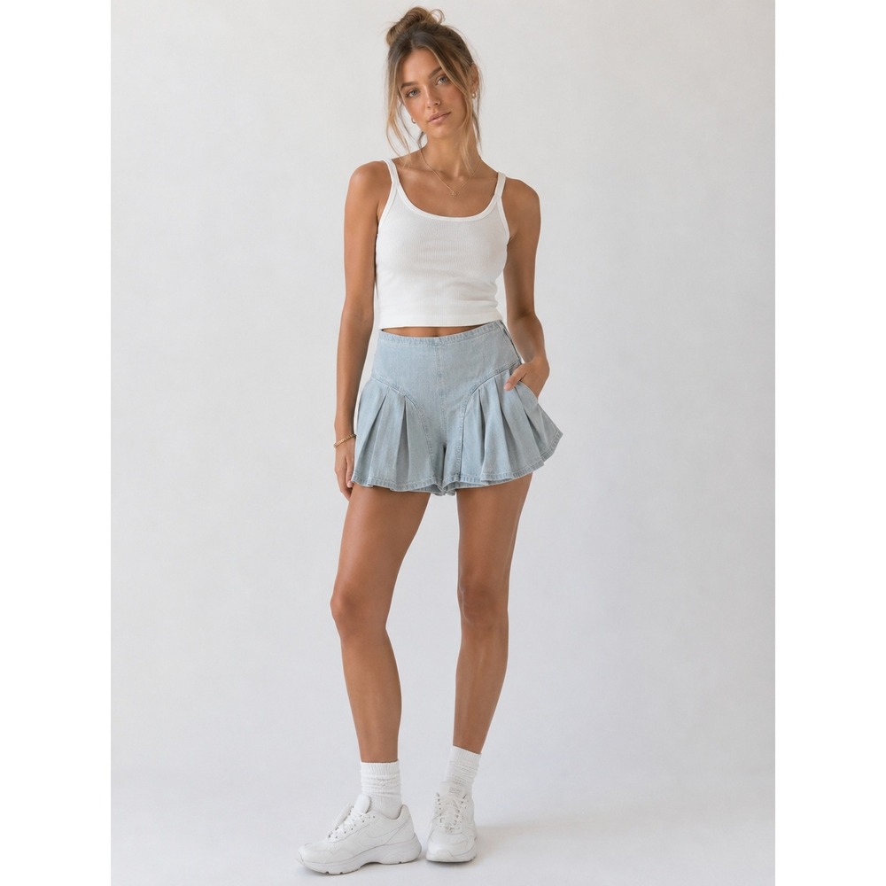 Free People We The Free CRVY Pleated Denim Shorts Womens 27 Light Wash High Rise